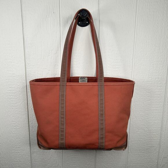 LL Bean Boat & Tote Bag XL Canvas Made In USA Orange & Brown - Picture 1 of 9